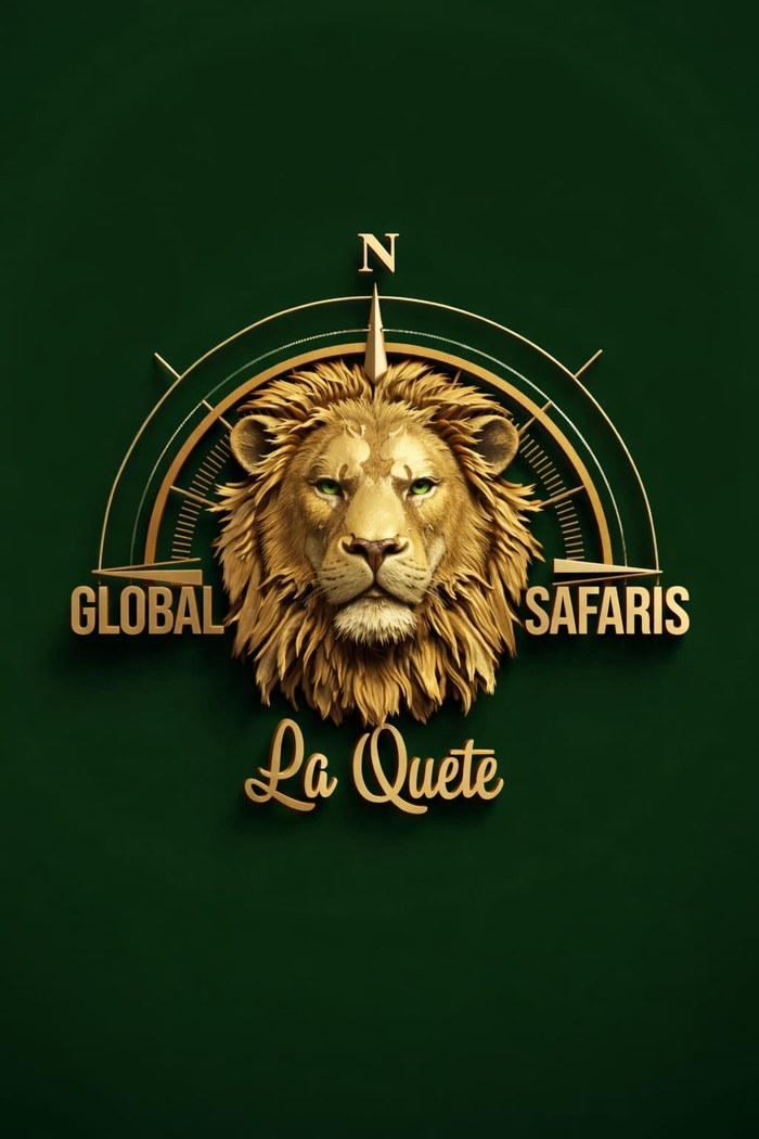 Global La Quête Safaris logo — gold lion crest with compass rose on deep green