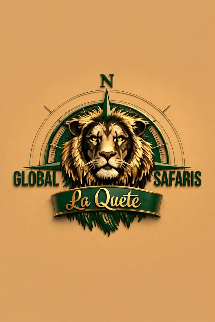Global La Quête Safaris logo — lion crest with compass rose on tan gold