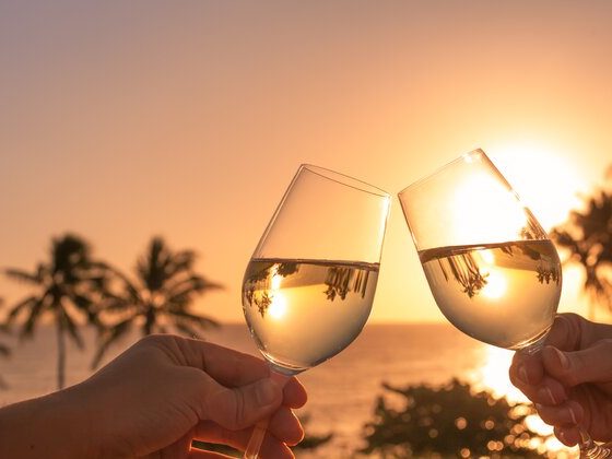 Couple toasting wine glasses at a tropical sunset