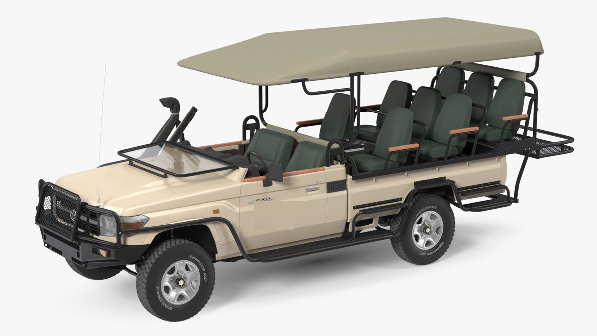 8-seat open safari Land Cruiser with pop-up roof and bench seating