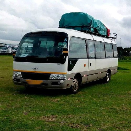 25-seat white shuttle bus parked on grass